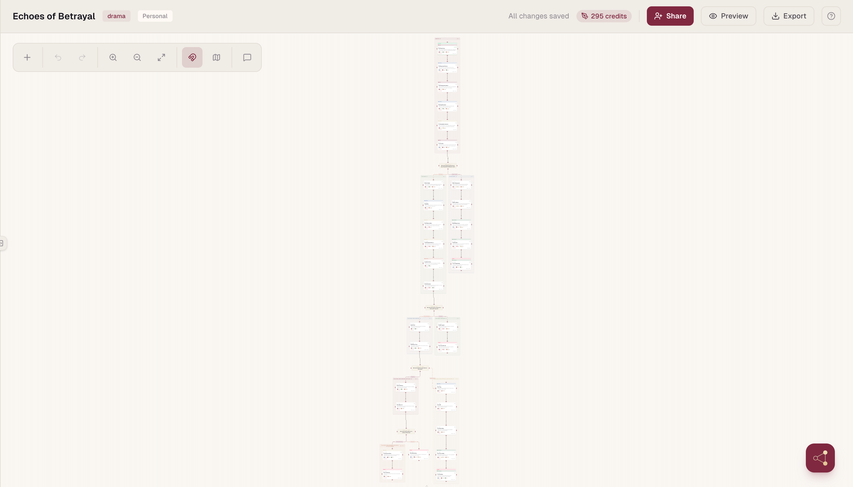 Visual story canvas showing a branching episode map in Scenvii