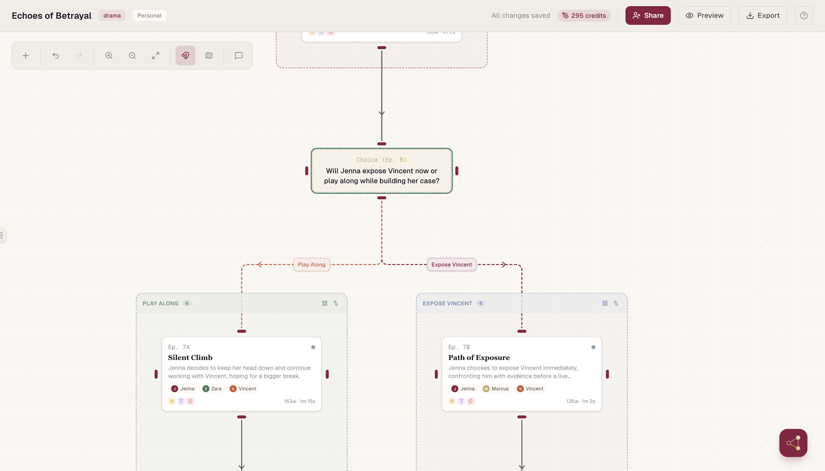 Branching story canvas in Scenvii showing choice nodes and episode paths