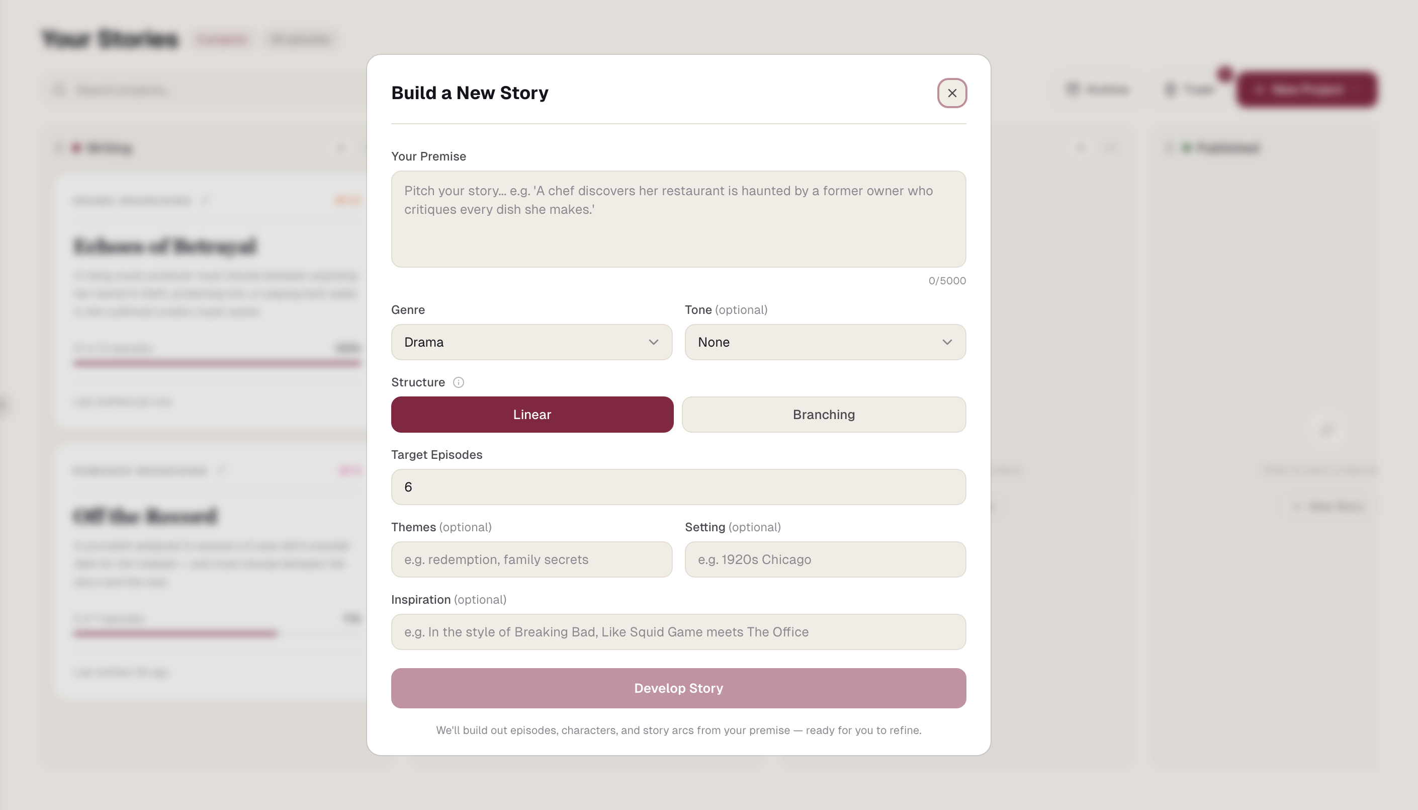 Build a New Story dialog in Scenvii with genre, structure and episode settings