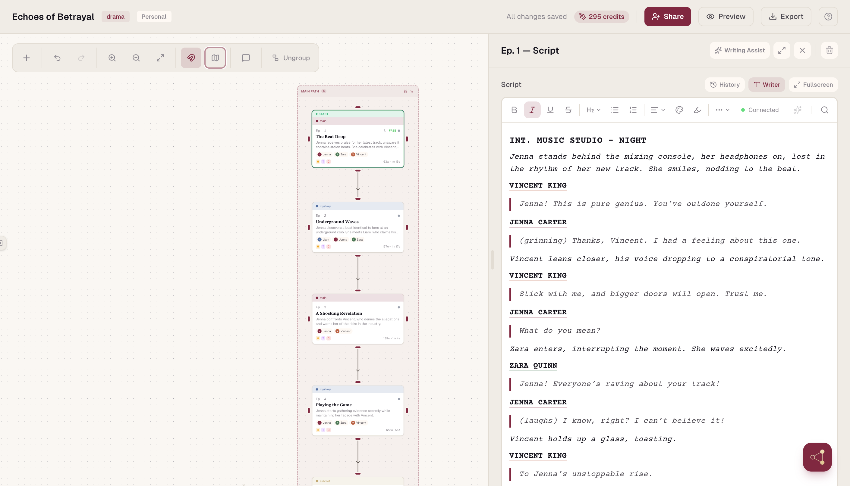 Script editor open alongside the branching canvas in Scenvii